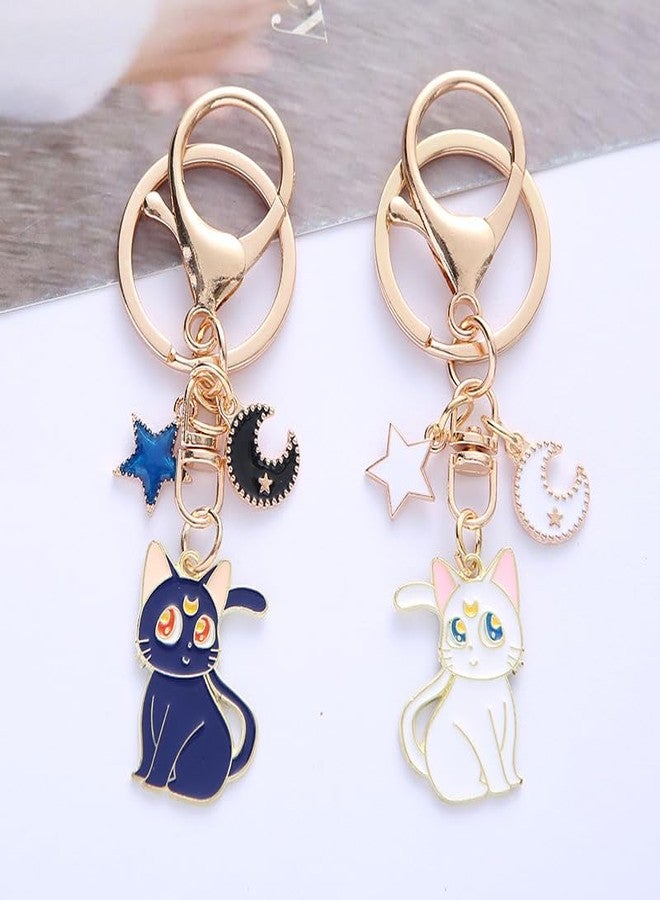 POYAMUSE Enamel Cat Charms Keyring - Adorable Black and White Cat Keychain for Anime Fans-star moon - Image 2